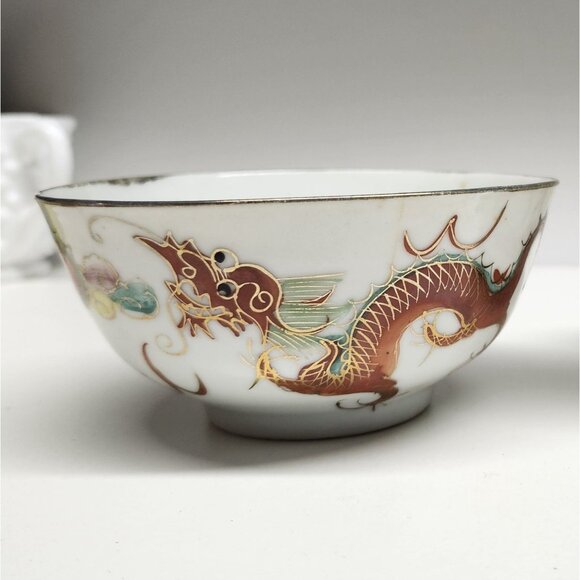 Handpainted Dragonware Vintage Porcelain Rice Bowls Gold Detail Dragon - Picture 2 of 13